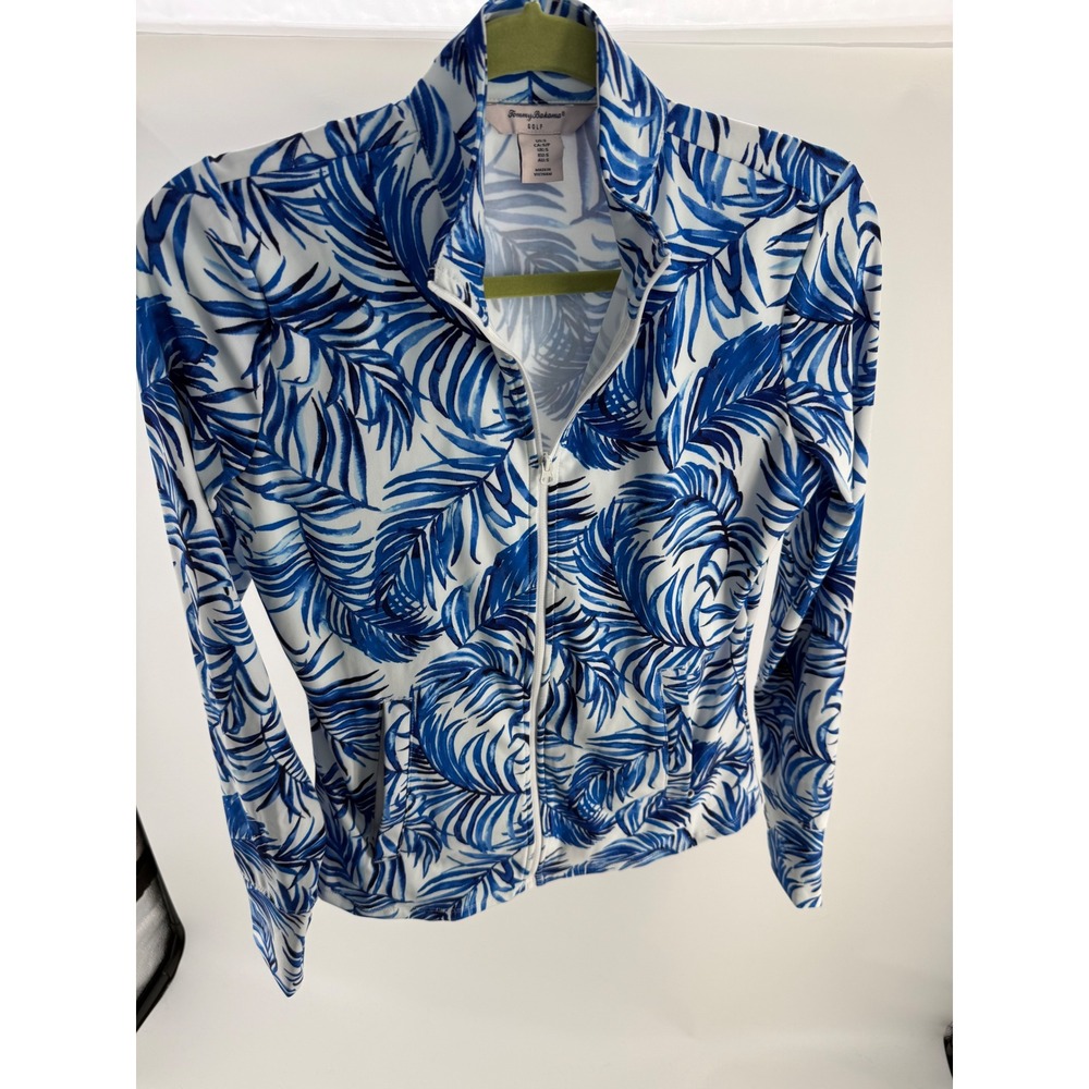 Tommy Bahama Golf Womens Small Blue White Tropical Palm Zip Jacket Thumbhole